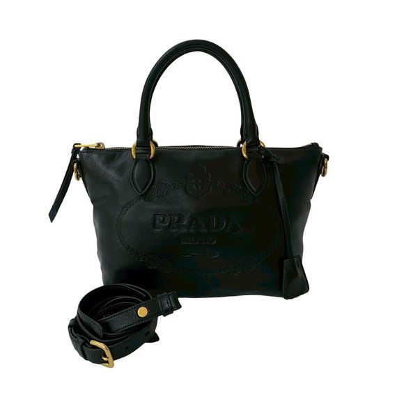 PRADA Prada Logo Embossed Calfskin Leather 2-Way Handbag, Mini Boston Bag, Sh... - Picture 1 of 10